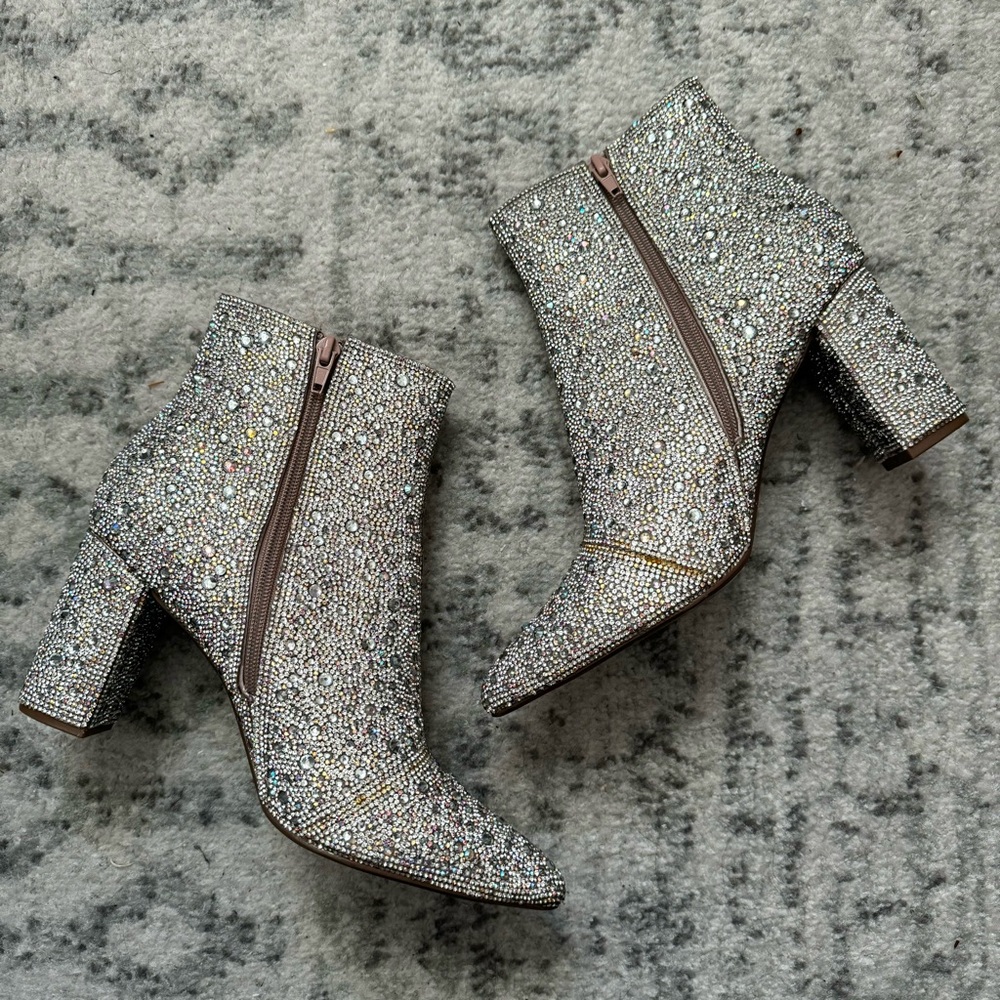 Betsey Johnson Cady Silver Rhinestone Iridescent Ankle Boots